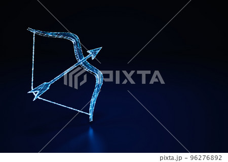 Illuminated wireframe of a bow and arrow on dark blue background. 3D Rendering 96276892