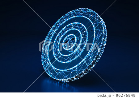 Concept of an illuminated wireframe digital bullseye on dark blue background. 3D Rendering Concept of an illuminated wireframe digital bullseye on dark blue background. 3D Rendering 96276949