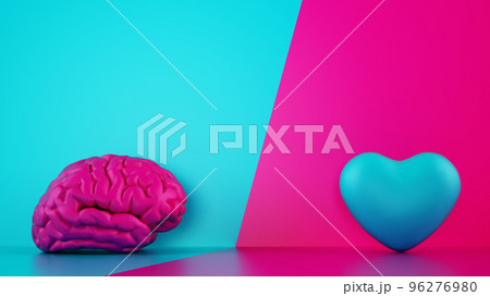 Comparison between reason and feeling. Brain and heart on a two tone background. 3D Rendering 96276980