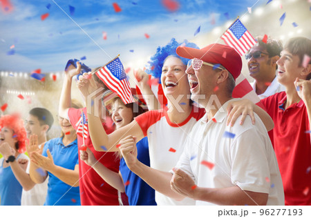 USA team supporter on stadium. American fans. 96277193