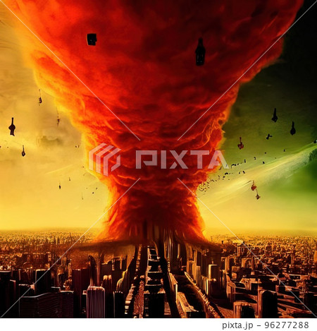 Explosion of a nuclear bomb over a big city, metropolis - a mushroom cloud. Nuclear war in the world. Explosion of a nuclear bomb over a big city, metropolis - a mushroom cloud. Nuclear war in the world. 96277288