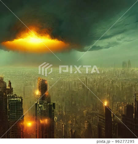 Explosion of a nuclear bomb over a big city, metropolis - a mushroom cloud. Nuclear war in the world. 96277295