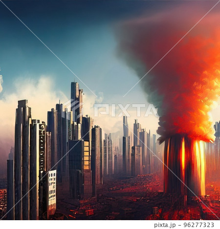 Explosion of a nuclear bomb over a big city, metropolis - a mushroom cloud. Nuclear war in the world. 96277323