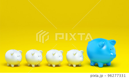 Economic concept of increased savings with a row of piggy banks on yellow background. 3D Rendering 96277331