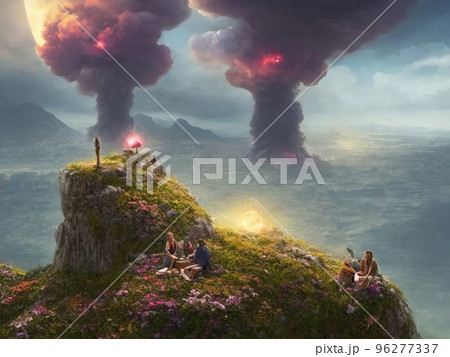 A man and a woman sit in nature and look at a nuclear explosion. A man and a woman sit in nature and look at a nuclear explosion. 96277337