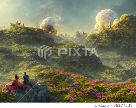 A man and a woman sit in nature and look at a nuclear explosion. A man and a woman sit in nature and look at a nuclear explosion. 96277338