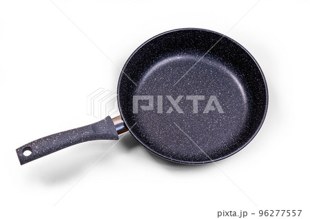 Black frying pan with non-stick coating on a white background. 96277557