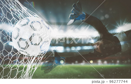 Background of a soccer ball scores a goal on the net. 3D Rendering 96277744