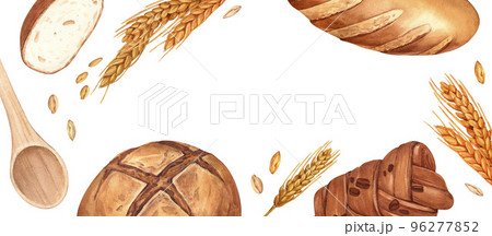 Watercolor bakery background. Bread and pastry collection. Bread house handmade illustration. Painted isolated organic fresh wheat eco food on white background. Watercolor bakery background. Bread and pastry collection. Bread house handmade illustration. Painted isolated organic fresh wheat eco food on white background. 96277852