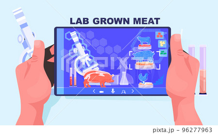 scientist analyzing cultured red raw meat on tablet pc screen artificial lab grown meat production concept scientist analyzing cultured red raw meat on tablet pc screen artificial lab grown meat production concept 96277963