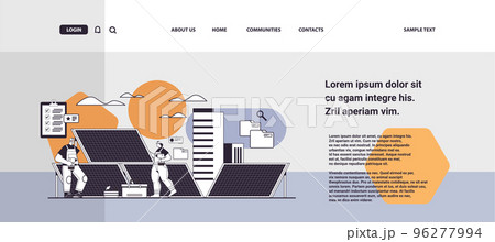 technician workers near solar panels station engineers checking alternative energy and using sunlight for producing electric 96277994