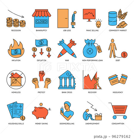Economic crisis icon set in line style 96279162