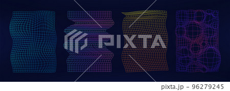 Retrofuturistic neon grid with effect glitch and deformation. Shapes from 80s-90s Retrofuturistic neon grid with effect glitch and deformation. Shapes from 80s-90s 96279245