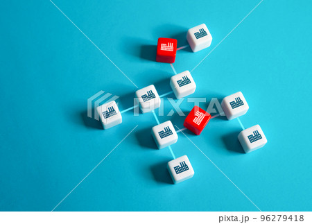 The suspension of some factories disrupts the production chains and logistics of entire consortium. Manufacturers leaving national economy. Sanctions and embargo. Building alternative supply chains. The suspension of some factories disrupts the production chains and logistics of entire consortium. Manufacturers leaving national economy. Sanctions and embargo. Building alternative supply chains. 96279418