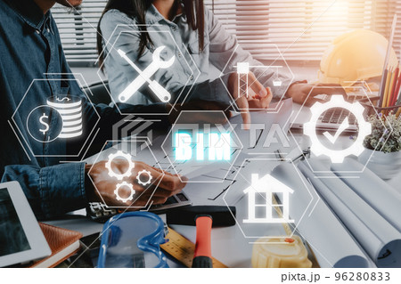 BIM Building Information Modeling Technology concept, Engineer team working on office desk with BIM icon on vr screen, Industry construction, Architect designer. 96280833