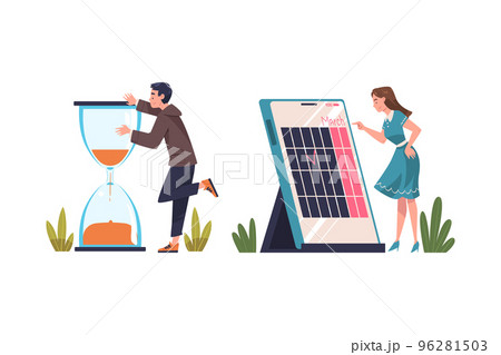 Man and Woman Character Planning Time and Event Managing Schedule Vector Set Man and Woman Character Planning Time and Event Managing Schedule Vector Set 96281503