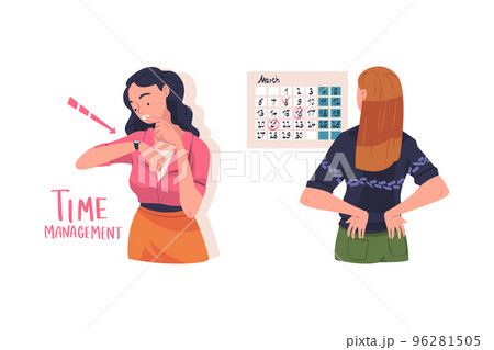 Woman Character Planning Time and Event Managing Schedule Vector Set Woman Character Planning Time and Event Managing Schedule Vector Set 96281505