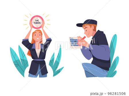 Man and Woman Character Planning Time and Event Managing Schedule Vector Set Man and Woman Character Planning Time and Event Managing Schedule Vector Set 96281506