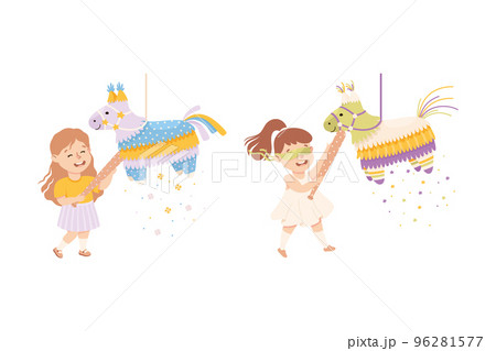 Funny Girl Striking and Hitting Pinata Hanging on String with Stick Vector Set 96281577