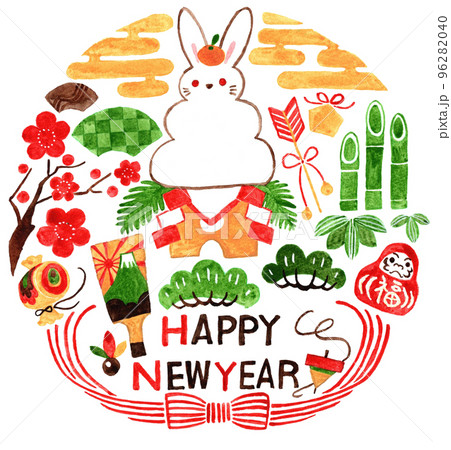 2023卯年 水彩手描きイラスト 円形 2023卯年 水彩手描きイラスト 円形 96282040