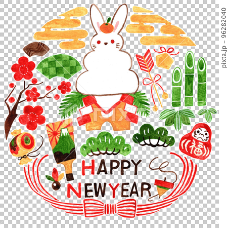 2023卯年 水彩手描きイラスト 円形 2023卯年 水彩手描きイラスト 円形 96282040
