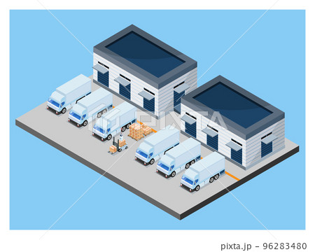 3D isometric logistics Warehouse Work Process Concept with Transportation operation service, Export, Import, Cargo, Forklif, Delivery Truck. Vector illustration EPS 10 96283480