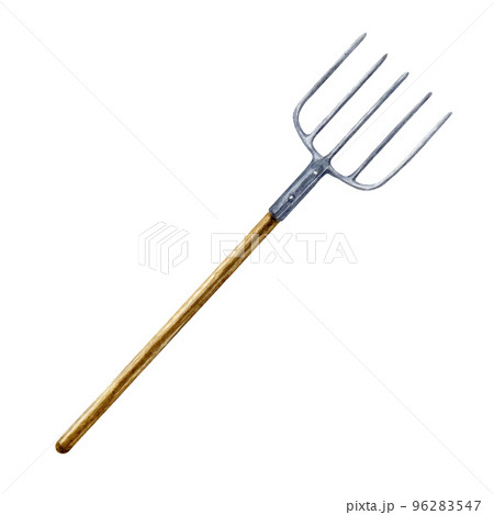 Hayfork watercolor illustration. Hand drawn pitchfork farm and garden equipment element. Metal hayfork with wooden handle. Isolated on white background 96283547