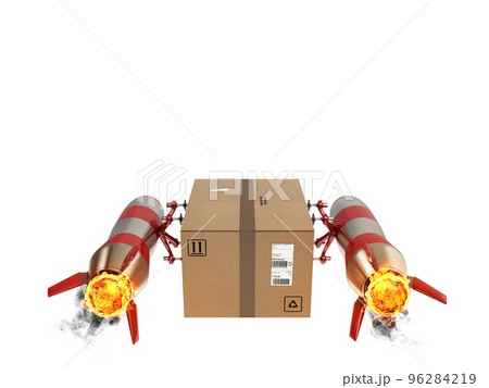 Fast delivery of package by turbo rocket. 3D Rendering Fast delivery of package by turbo rocket. 3D Rendering 96284219