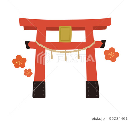 しめ縄のかかった赤い鳥居と梅の花 96284461