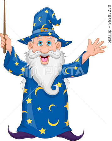 cartoon old wizard holding a wand cartoon old wizard holding a wand 96285250