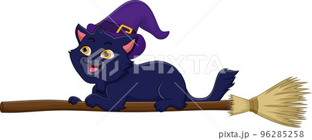 cartoon cute cat flying on broomstick cartoon cute cat flying on broomstick 96285258