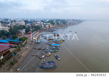 Aerial view of Varanasi city with Ganges river, ghats, the houses in Varanasi, Banaras, Uttar Pradesh, India Aerial view of Varanasi city with Ganges river, ghats, the houses in Varanasi, Banaras, Uttar Pradesh, India 96285632