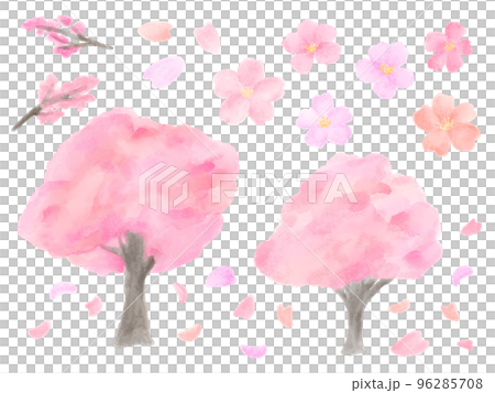 粉紅色的櫻花樹和花瓣可愛簡單的手繪水彩插圖集 96285708