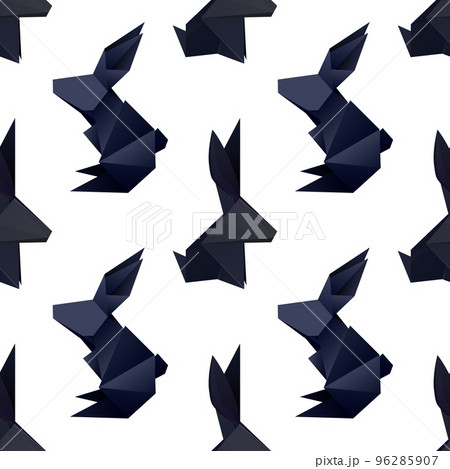 Vector seamless pattern with origami black rabbits on white background. Texture with polygonal hares. Symbol of Chinese of New year. 96285907
