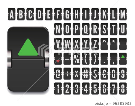 Terminal scoreboard font for stock exchange rates info vector illustration. Black airport flip board mechanical alphabet with numbers and symbols for destination or financial information Terminal scoreboard font for stock exchange rates info vector illustration. Black airport flip board mechanical alphabet with numbers and symbols for destination or financial information 96285932