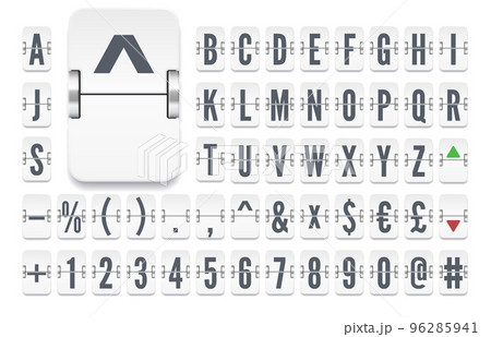 White airport flip board mechanical bold alphabet with numbers for stock exchange rates information. Vector illustration. White airport flip board mechanical bold alphabet with numbers for stock exchange rates information. Vector illustration. 96285941