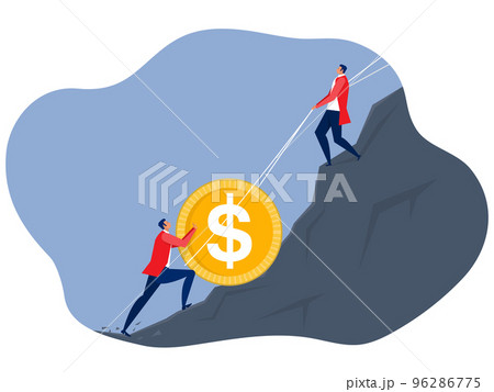 Businessman push icon dollar coin uphill on the mountain to the goal; Growth; income; savings; investment. Symbol of wealth of success. illustration cartoon vector 96286775