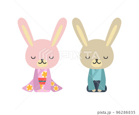 晴れ着姿で挨拶しているウサギカップルの素材（輪郭なし） 96286835