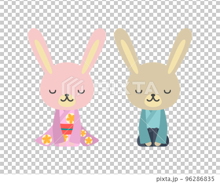 晴れ着姿で挨拶しているウサギカップルの素材（輪郭なし） 96286835