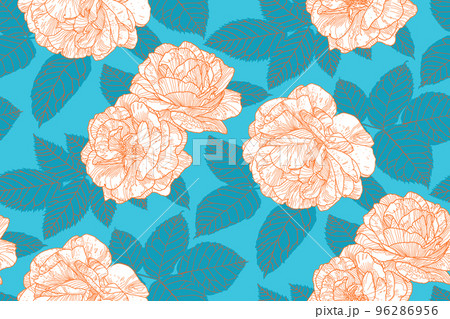 Seamless pattern from white and orange contour line roses with blue green leaves on blue backdrop. Floral wallpaper design for textiles, paper, print, fashion, fabric, and card background. Seamless pattern from white and orange contour line roses with blue green leaves on blue backdrop. Floral wallpaper design for textiles, paper, print, fashion, fabric, and card background. 96286956