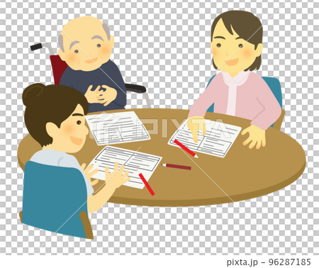 サービス担当者会議をする介護スタッフと高齢利用者 96287185