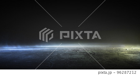 3D rendering wallpaper wet asphalt reflection of neon lights on black background. 96287212