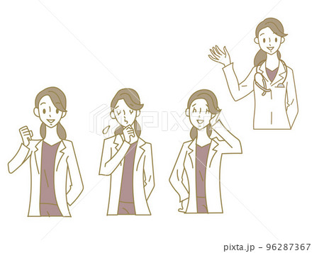 スクラブに白衣をはおった若い女性医師の表情パターンのイラスト素材セット スクラブに白衣をはおった若い女性医師の表情パターンのイラスト素材セット 96287367