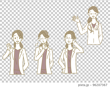 Illustration material set of facial expression pattern of a young female doctor wearing a white coat in a scrub Illustration material set of facial expression pattern of a young female doctor wearing a white coat in a scrub 96287367