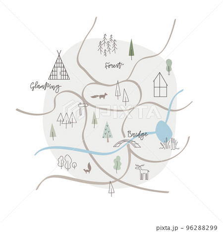 Simple glamping map with wild animals, triangle wooden houses, line trees, roads, camp. Outdoor recreation, nature landscape vector illustration. 96288299