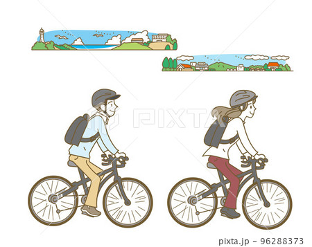 ヘルメットをかぶって自転車に乗る男女と街並みのイラストセット 96288373