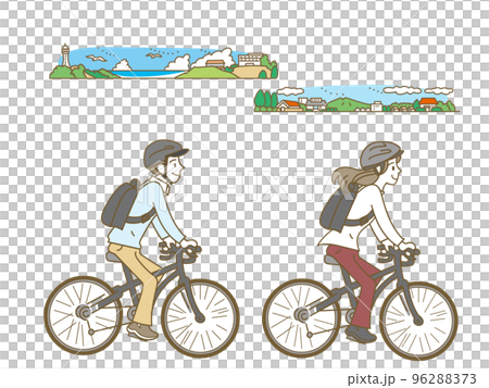 ヘルメットをかぶって自転車に乗る男女と街並みのイラストセット 96288373