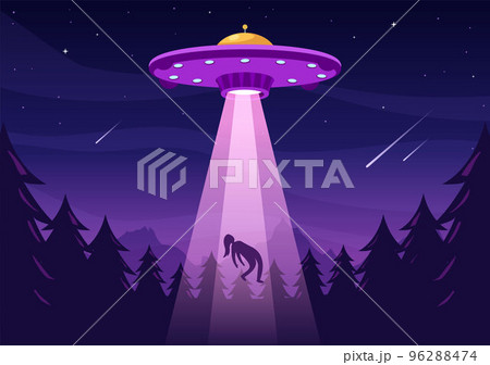 UFO Flying Spaceship with Flying Saucer Over the City Sky Abducts Human or Animals in Flat Cartoon Hand Drawn Templates Illustration UFO Flying Spaceship with Flying Saucer Over the City Sky Abducts Human or Animals in Flat Cartoon Hand Drawn Templates Illustration 96288474