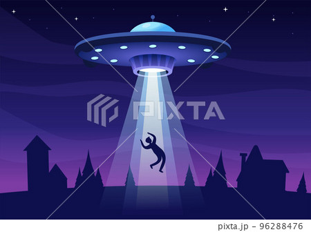 UFO Flying Spaceship with Flying Saucer Over the City Sky Abducts Human or Animals in Flat Cartoon Hand Drawn Templates Illustration 96288476