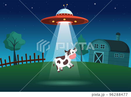 UFO Flying Spaceship with Flying Saucer Over the City Sky Abducts Human or Animals in Flat Cartoon Hand Drawn Templates Illustration 96288477